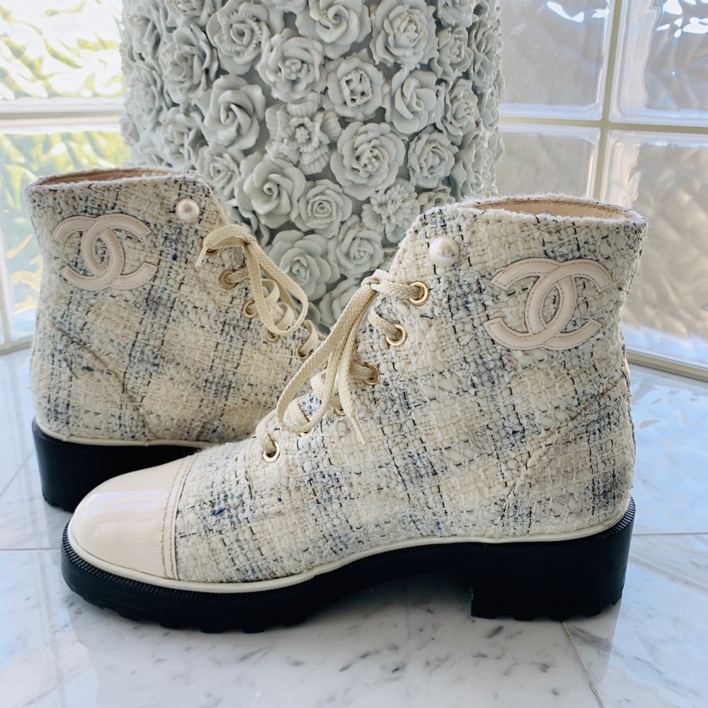 CHANEL Cream Tweed Ankle Boots - Picture 2 of 2